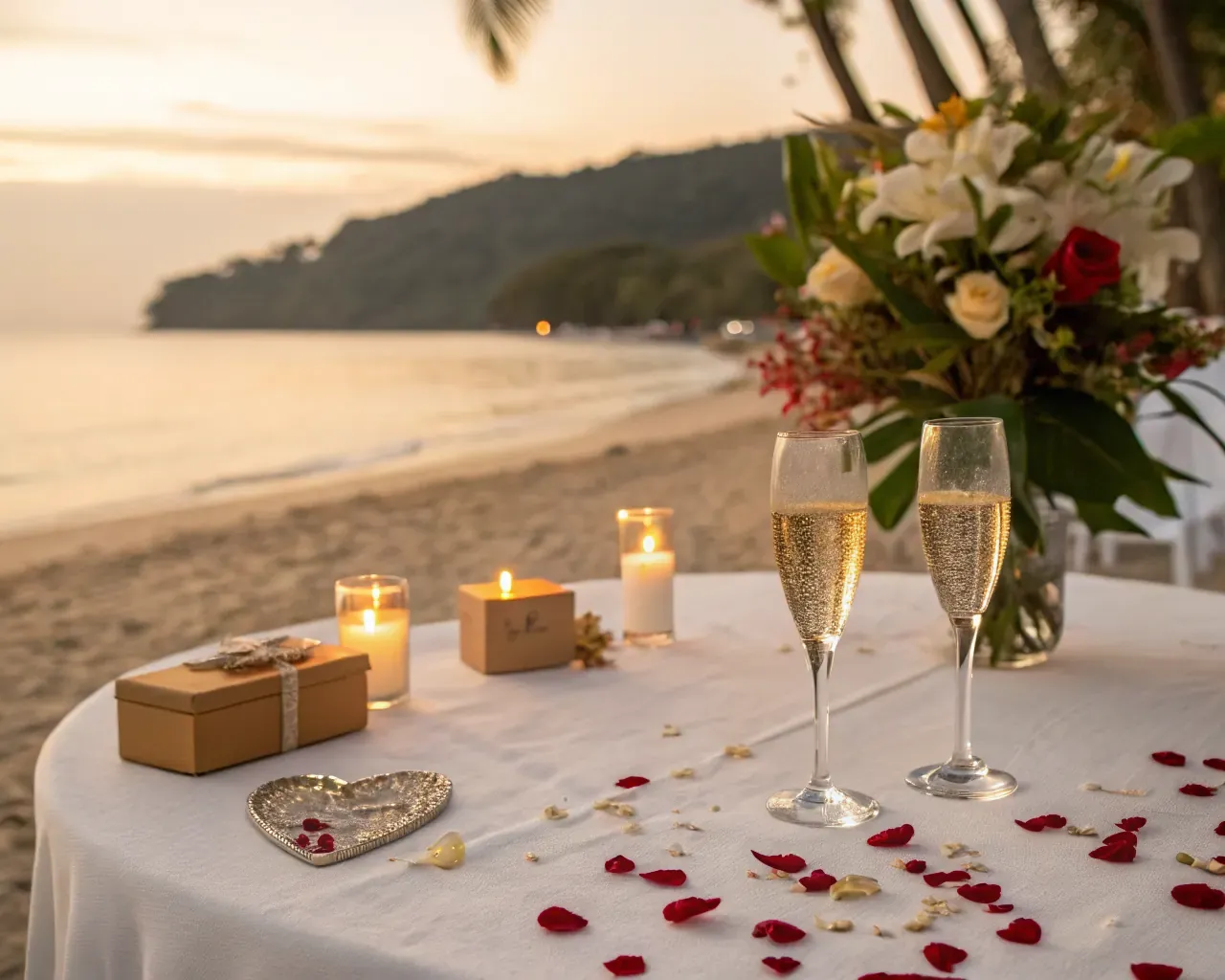 Costa Rica romantic getaway beach ceremony décor with floral arch and champagne toast for a couples vacation