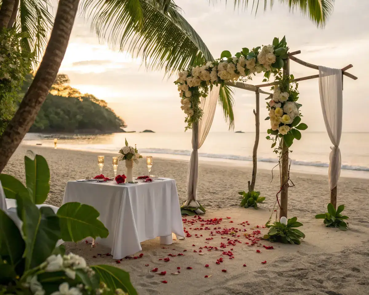 Romantic beach wedding and vow renewal setup with floral arch in Costa Rica
